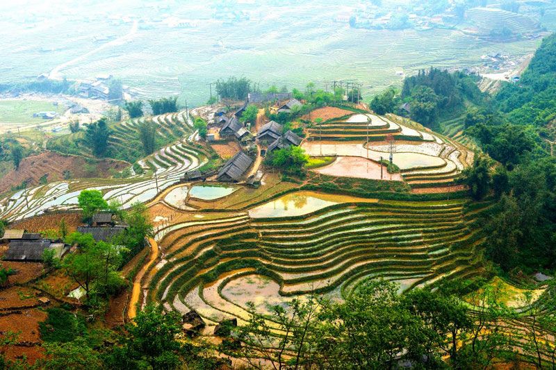 Vue panoramique sur la rizière en terrasse avec le village autour