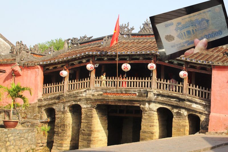 20.000 VND en moneda de Vietnam y el símbolo de la Pagoda Cau, en Hoi An