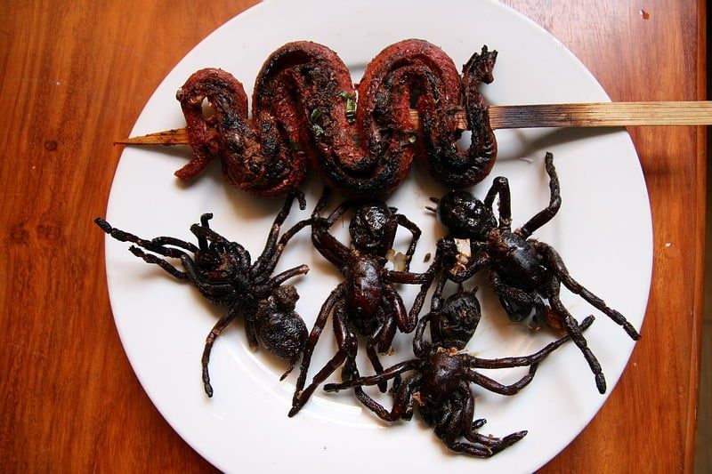 ¿Te atreves a comer estos insectos en el mercado de Skun, Camboya? (fuente: Bao phu nu)