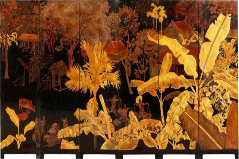 le chef-d'œuvre en laque village sous les bananiers de nguyễn gia trí a trouvé acquéreur pour 1,08 million de dollars chez drouot estimations