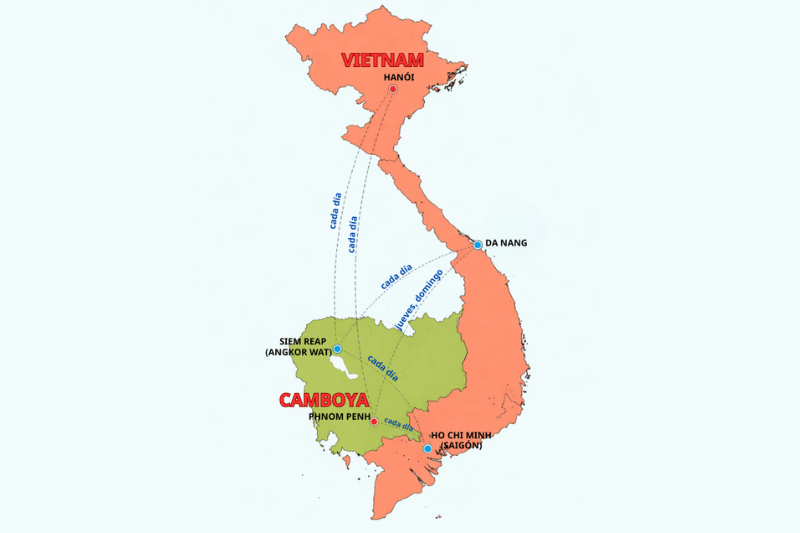 Un mapa de vuelos de Vietnam presenta las principales rutas aéreas y aeropuertos del país, situados en relación con Camboya en el mapa, lo que permite comprender la conexión regional entre ambos territorios (fuente: Internet).