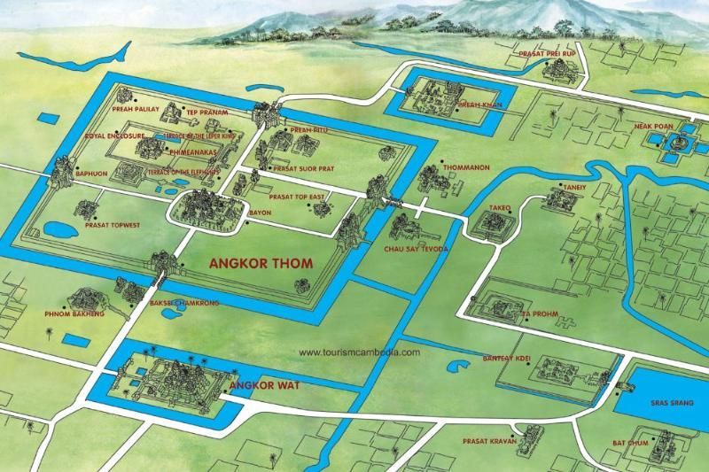 Un mapa turístico muestra Angkor Wat en el mapa como un sitio imprescindible para visitar, permitiendo ubicar este conjunto monumental dentro de Camboya en el mapa y comprender su importancia geográfica y cultural.