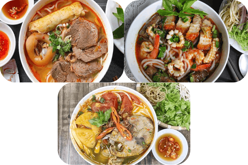 Les plats servis avec des nouilles de riz épaisses : le bún bò Hue, le bún mắm, le bún cá du Centre (Compilé par plusieurs auteurs)