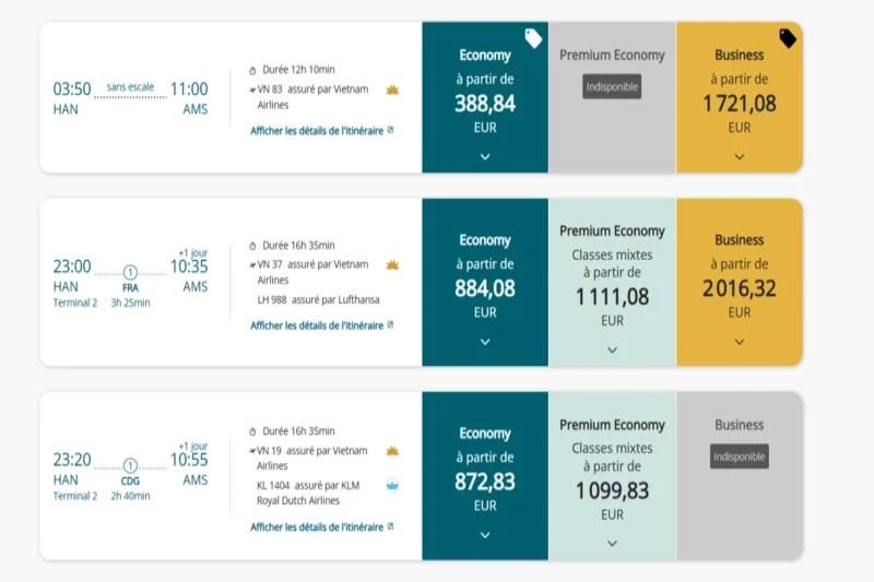 le prix du vol hanoi amsterdam - mis à jour