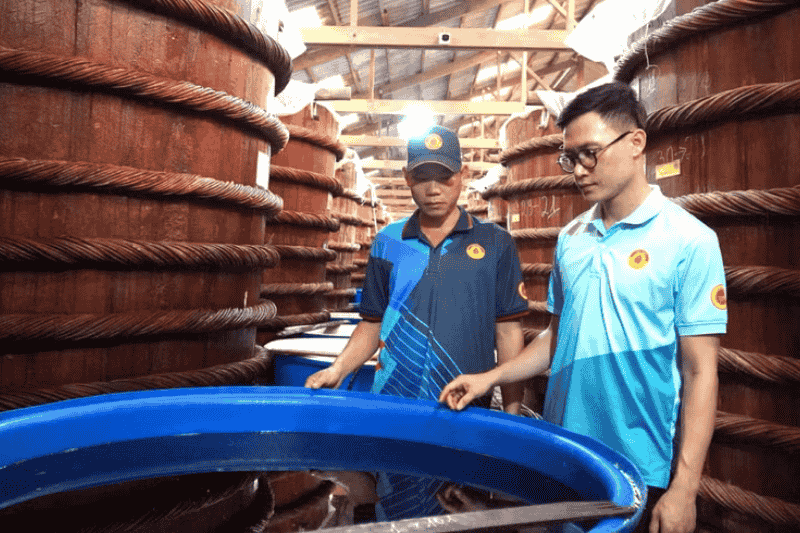 aller de elaboración de salsa de pescado tradicional de la empresa huynh khoa en phu quoc (foto vna)